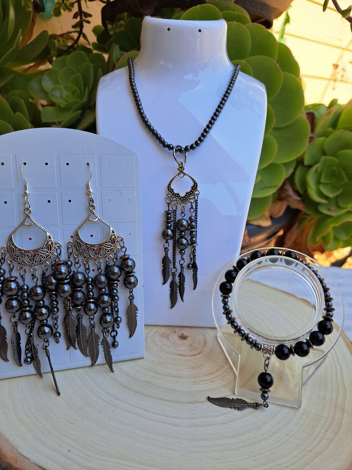 Hematite And Black Agate Jewelry Set