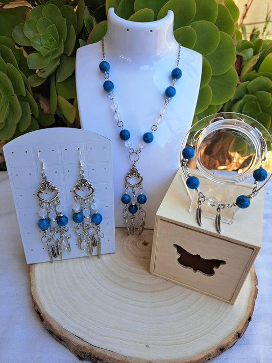 Selenite And Blue Apatite Jewelry Set