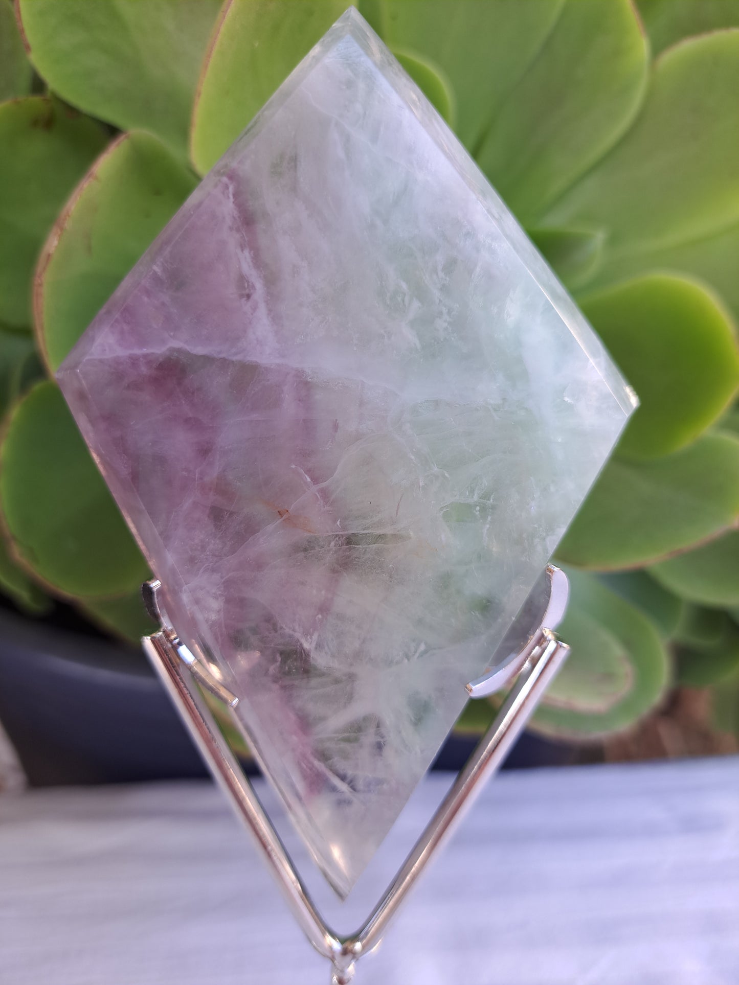 Watermelon Fluorite Diamond on Stand