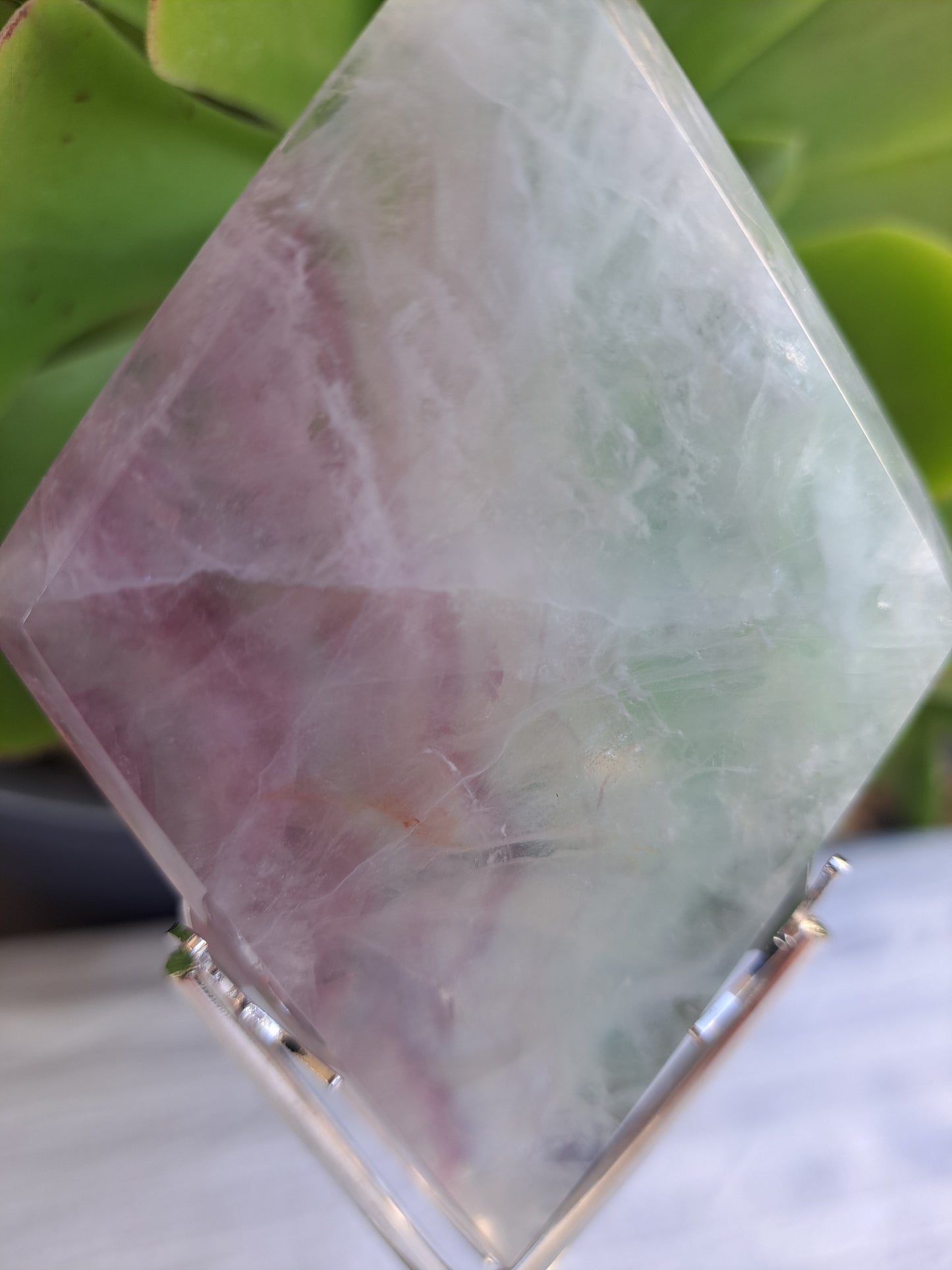 Watermelon Fluorite Diamond on Stand