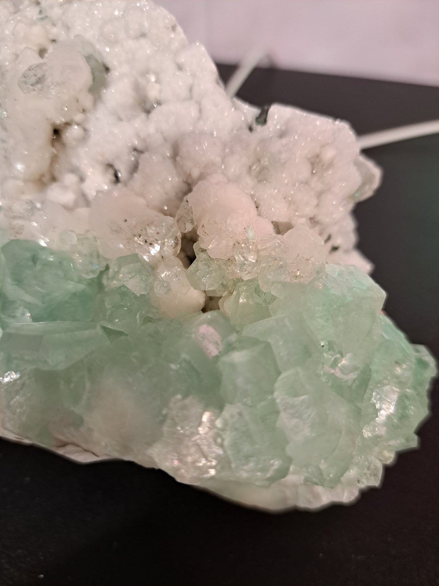 Green Apophyllite on White Chalcedony ( Artic mint )