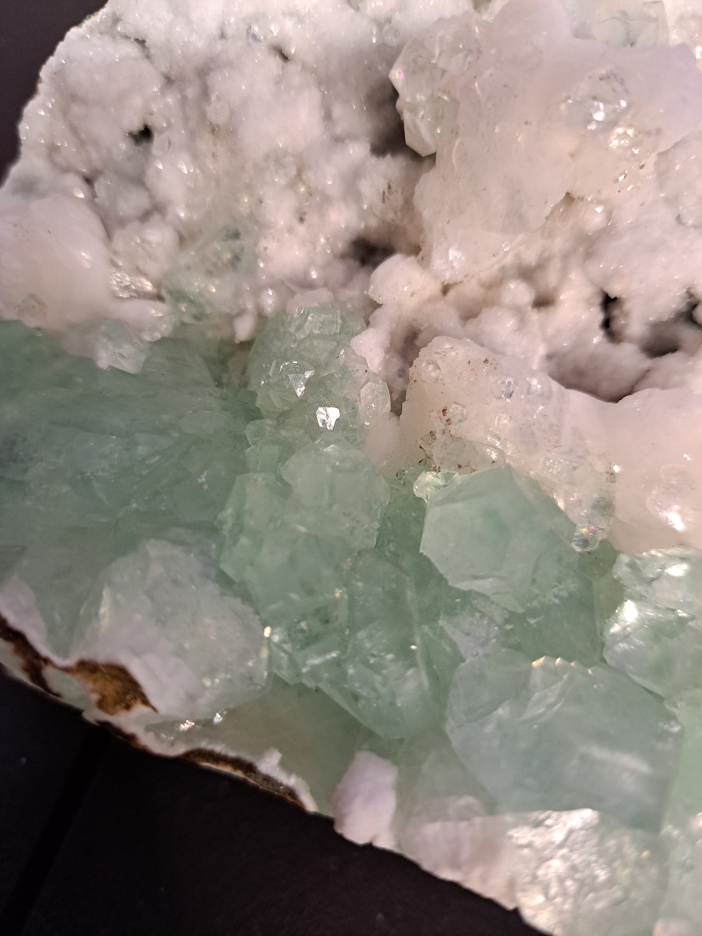 Green Apophyllite on White Chalcedony ( Artic mint )