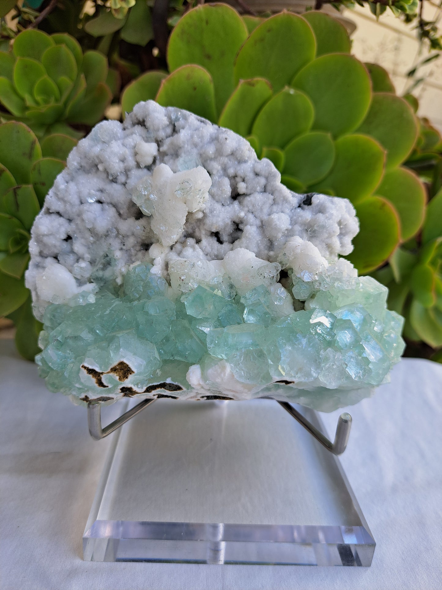 Green Apophyllite on White Chalcedony ( Artic mint )