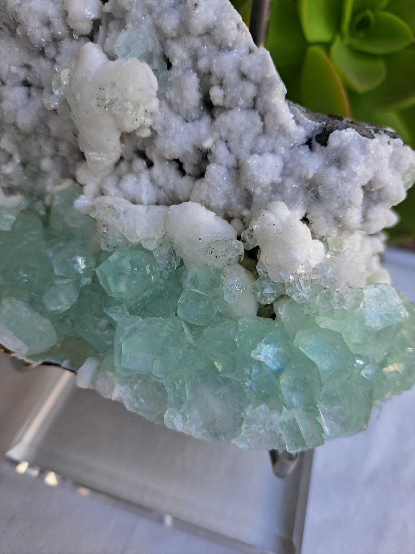 Green Apophyllite on White Chalcedony ( Artic mint )