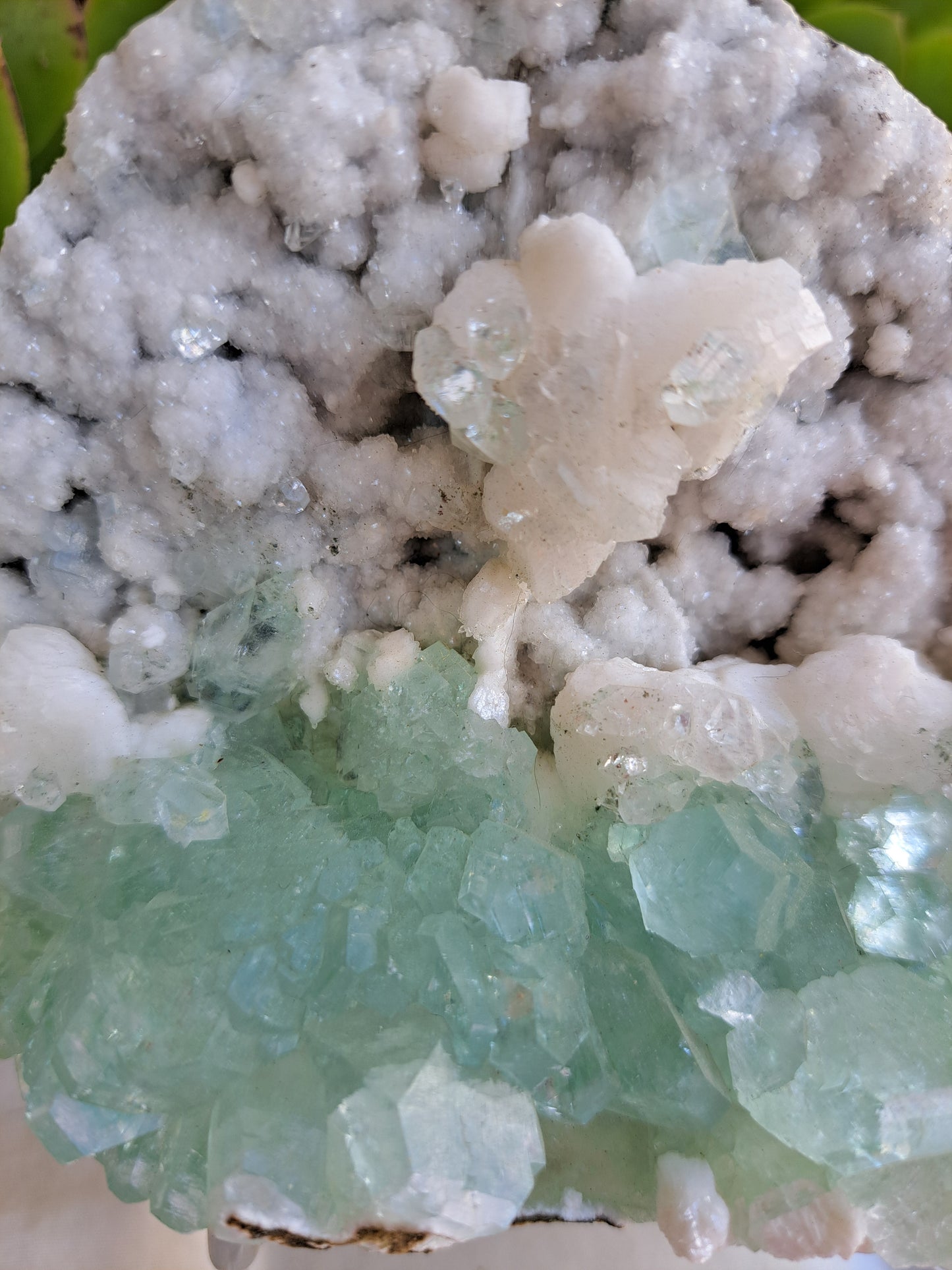 Green Apophyllite on White Chalcedony ( Artic mint )