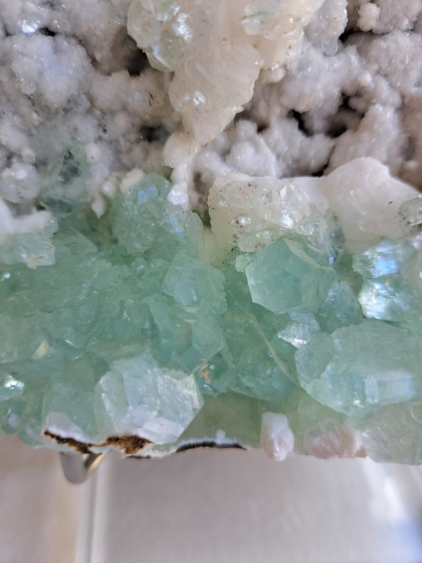 Green Apophyllite on White Chalcedony ( Artic mint )