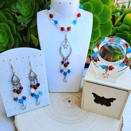 Selenite, Carnelian, Blue Cats Eye Jewelry Set